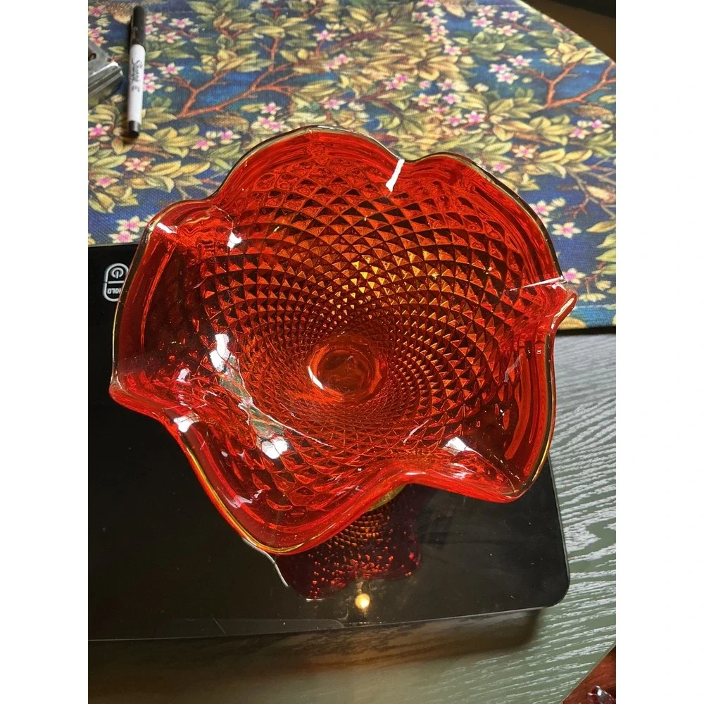 Vintage Amberina Glass Ruffled Compote Dish Diamond Point Pedestal Red‎ Yellow